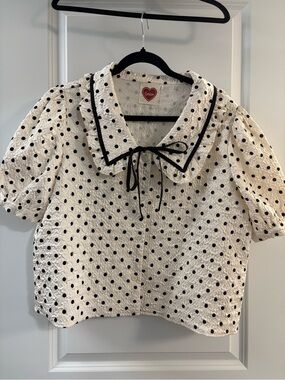Auden White Eyelet Blouse with Black Polka Dots and Black Trim